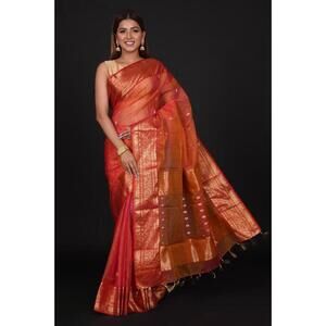 Burnt Orange Pure Organza Silk Saree sari wedding party wear For Women